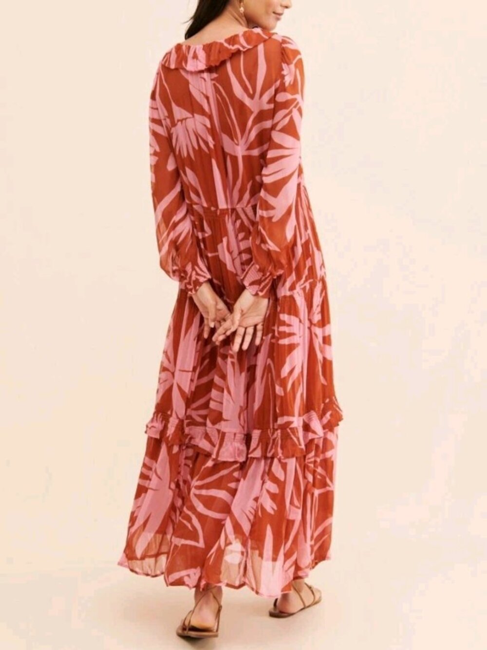 Anthropologie Marais Printed Chiffon Maxi Dress XL Pink Orange Boho Tiered Flow - Picture 6 of 15